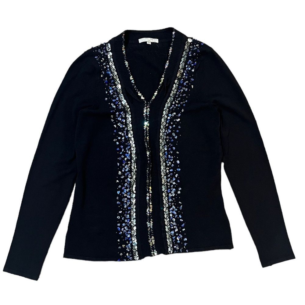 Alberto Makali Embellished Sweater Beaded Sequin V Neck Black Medium